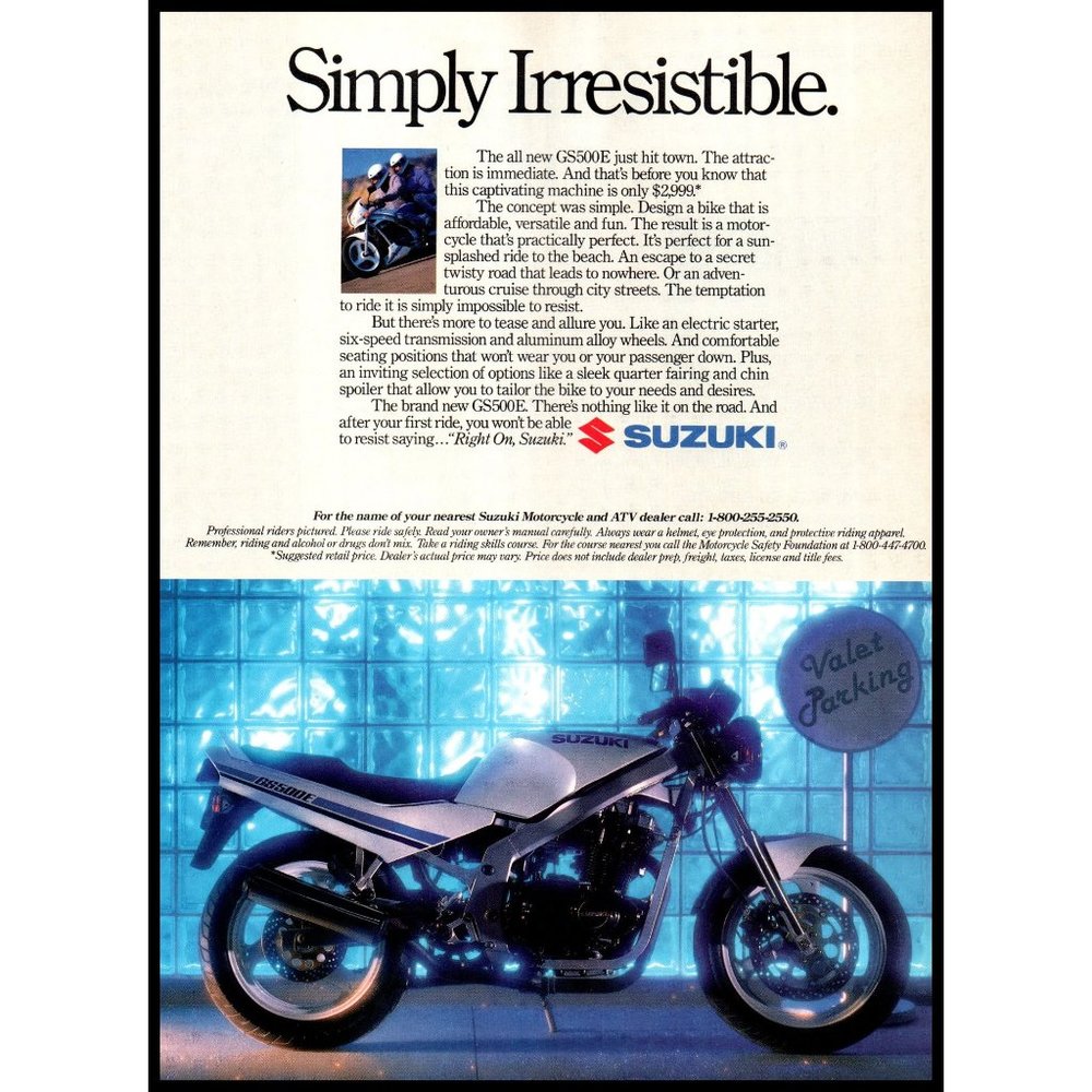 1989 Suzuki GS500E Sport Bike Motorcycle Vintage Print Ad Valet Parking Wall Art